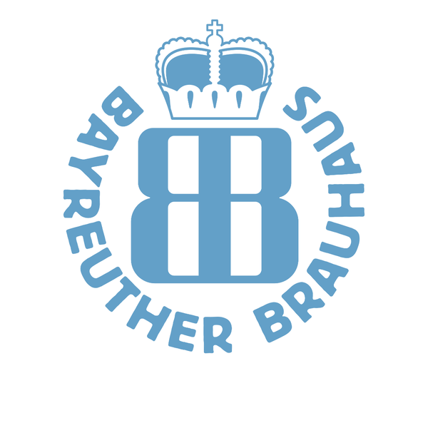 Rundes Logo, blaue Schrift, weißer Hintergrund, Bayreuther Brauhaus, BB in der Mitte, Krone