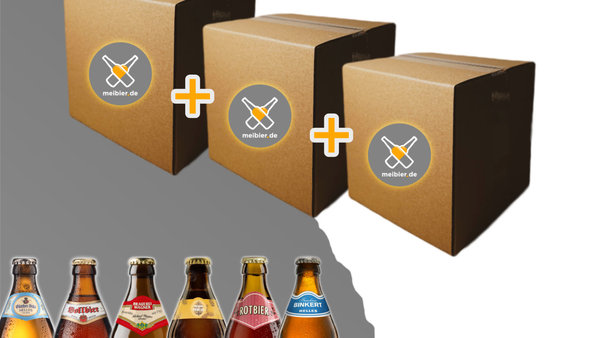 BierAbo mit 6 fränkischen Bierflaschen, sowie drei Bierpaketen die verdeutlichen sollen dass man hier regelmäßig ein Bierpaket geliefert bekommt.