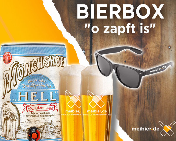 Tolle Bierbox mit einem 5l Bier Fass sowie Gläsern und einer Sonnenbrille gratis mit dazu.
