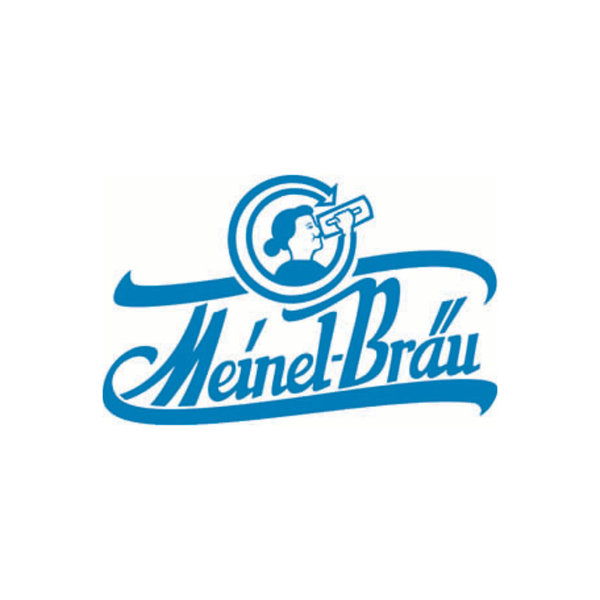 Blaues Logo der Brauerei Meinel-Bräu. Schriftzug mit Frau die ein Bier trinkt.