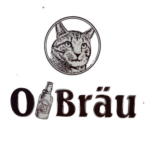 Brauerei Logo von O-Bräu. Mit Katzenkopf des Brauereikaters Oskar.