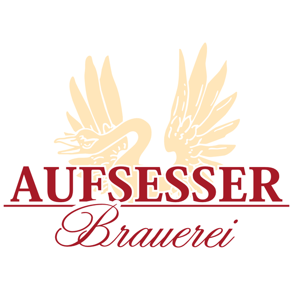 Aufsesser Brauerei Logo, rote Schrift mit Schwan im Hintergrund