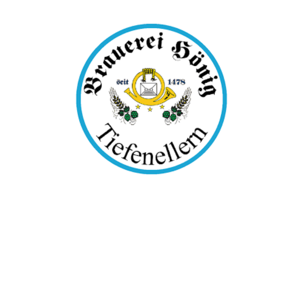 Rundes Logo, blauer rand, schwarze Schrift - Brauerei Hönig Tiefenellern, Seit 1478, Posthorn