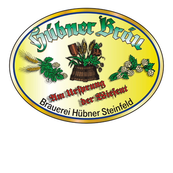 Ovales Logo mit gelben Hintergrund,  grüne Schrift Hübner Bräu, Brauerei Hübner Steinfeld