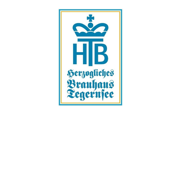 Heller Hintergrund, blaue Schrift, Herzogliches Brauhaus Tegernsee, Krone