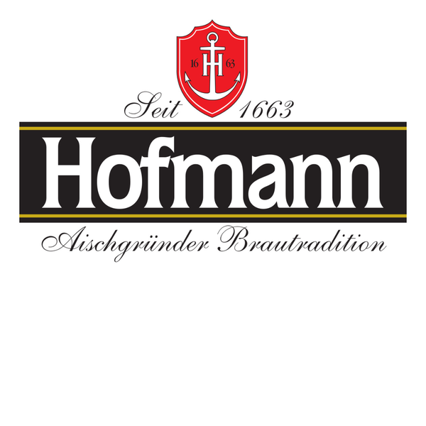 Logo mit schwarzen Balken, weißer Schrift, seit 1663, Hofmann, Aischgrunder Brautradition