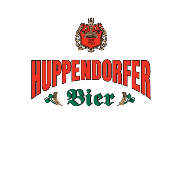 Logo mit roter & grüner Schrift, Huppendorfer geschwungen, Bier, seit 1750