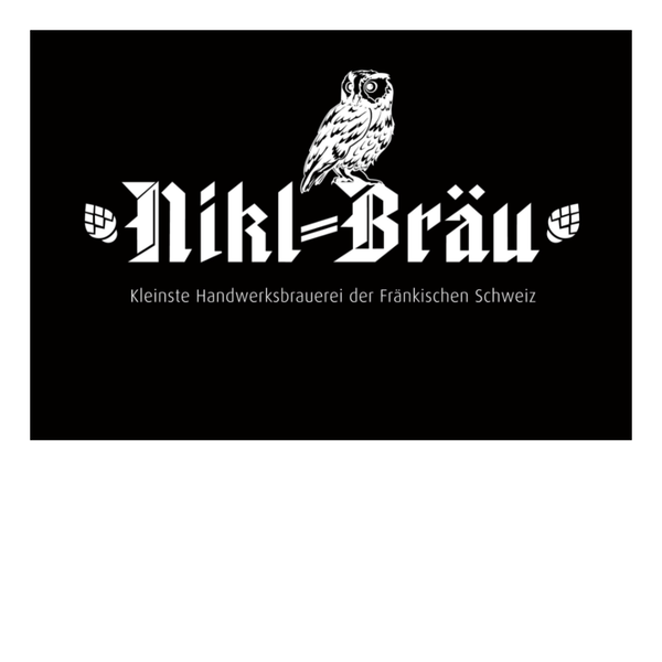 Logo mit schwarzen Hintergrund und weißer Schrift, Eine Eule sitzt auf dem Logo, Nikl-Bräu, kleinste Handwerksbrauerei der Fränkischen Schweiz