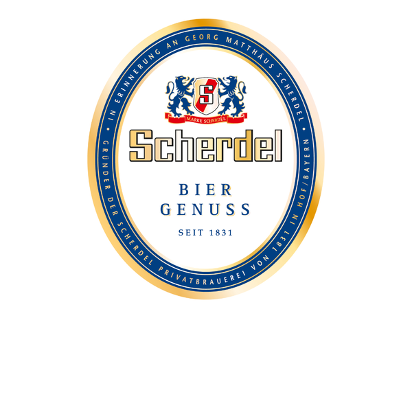 Logo oval, Scherdel Bier Genuss seit 1831, In Erinnerung an Georg Matthäus Scherdel, Gründer der Scherdel Privatbrauerei von 1831 in Hof/ Bayern