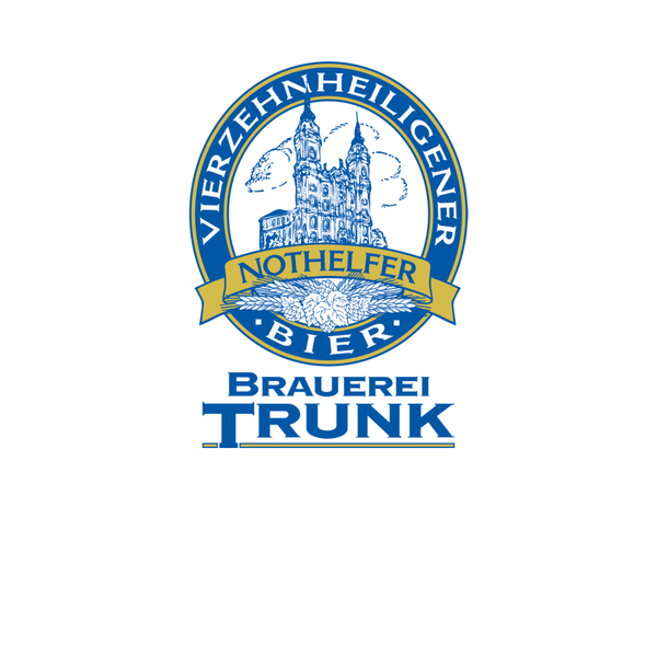 Kloster im Logo, blauer Rand mit weißer Schrift, Vierzehnheiligener Nothelfer Bier, Brauerei Trunk