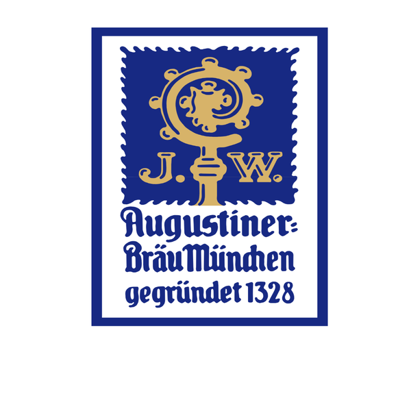 Initialen J.W., Textfeld Augustiner Bräu MÜnchen, gegründet 1328, blauer Rahmen