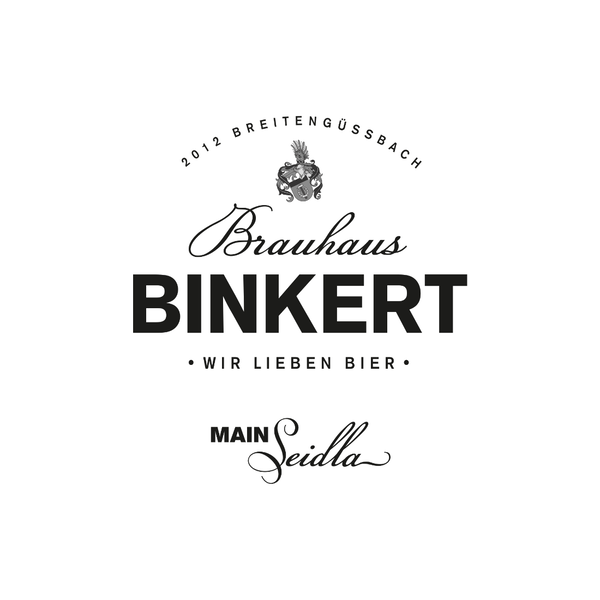 Brauereilogo schwarz-weiß Binkert Mainseidla aus Breitengüssbach. Mit Zusatztext Wir lieben Bier, seit 2012.