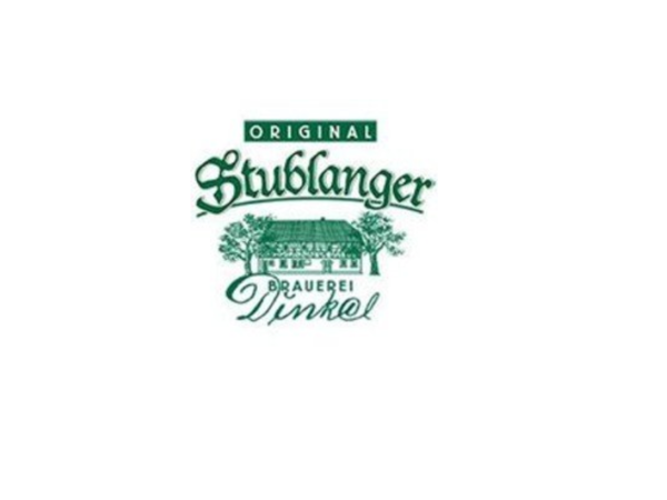 Original Stublanger Brauerei Dinkel, grüne Schrift, Haus mit 2 Bäumen