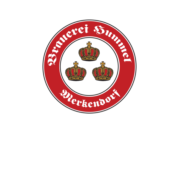 Logo in rund, roter/ weißer Hintergrund, drei Kronen mittig, Brauerei Hummel, Merkendorf