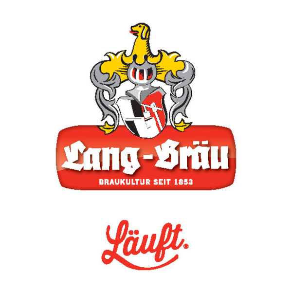Lang-Bräu Logo mit rotem Hintergrund, Braukultur seit 1853, Schriftzug "Läuft" darunter.