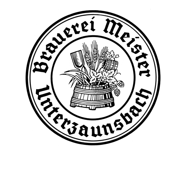 Rundes Logo mit schwarzer Schrift, Brauerei Meister, Unterzaunsbach, in der Mitte ein Fass
