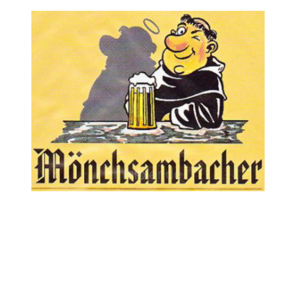 Mönch mit Krug, Hintergrund gelb, schwarze Schrift mit Mönchsambacher