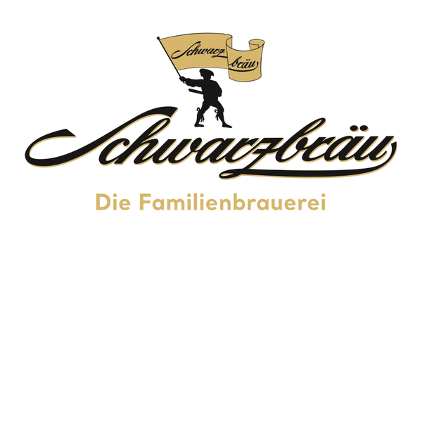 Schwarzbräu in schwarz, in Gold die Familienbrauerei, Fahne gold, Schriftzug Schwarzbräu